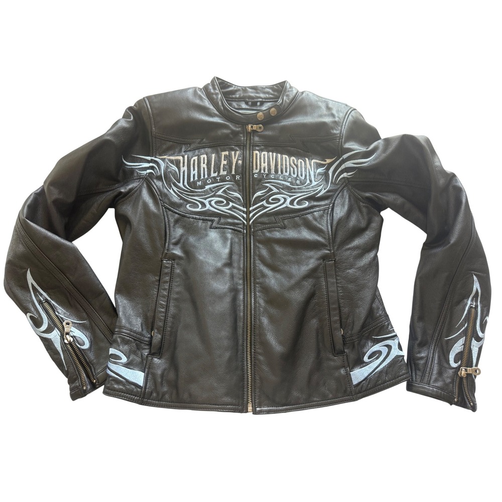 Harley-Davidson‎ Womens Embroidered Leather Motorcycle Jacket M Black 97044-08VW